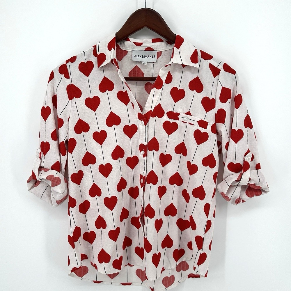 Alex & Parker Shirt Women's Size S Heart Print Button Front Blouse